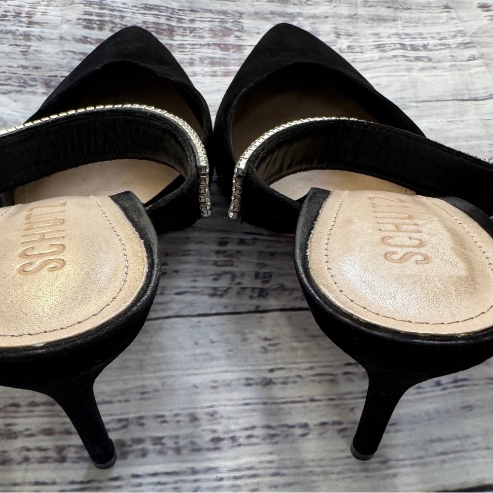 Schutz Tishara Rhinestone Buckle Mule Heels Black Suede Pointed Toe Size 7.5 - Picture 3 of 7